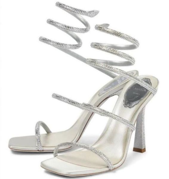 

rene 10cm rene caovilla stiletto high heel sandals crystal karung white snakelike twining rhinestone sandals women summer thick heels, Black