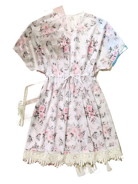 

random floral print contrast guipure lace tie front cover up g7f6#, White;black