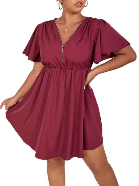 

plus half zip butterfly sleeve dress 43sv#, Black