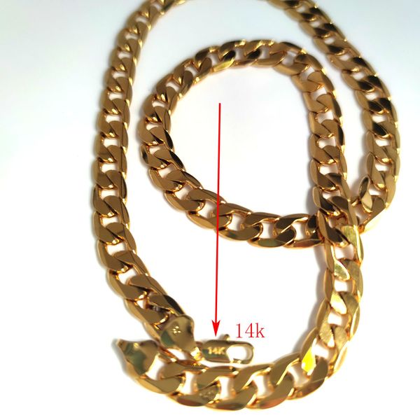 Kubanische Herrenkette aus 14-karätigem Feingold mit Bordsteinkante, 24 Zoll, 10 mm, gestanztes Messing