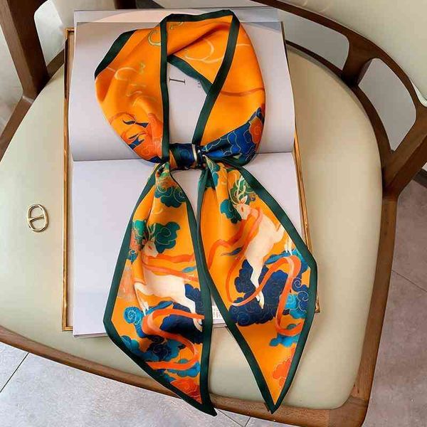 

designer silk head bag hair scarf high sense retro national style orange silk scarf small long womens thin narrow ribbon spring and autumn s, Blue;gray