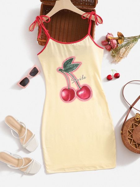 

tie shoulder letter & cherry print cami dress 38r9#, Black;gray