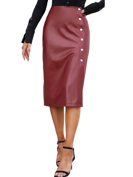 

snap button pu skirt x9ko#, Black