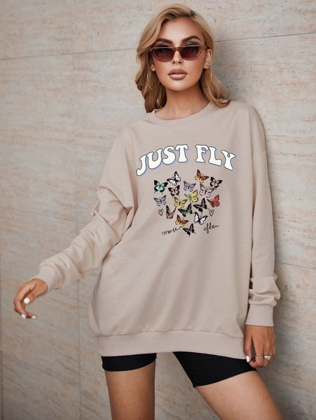 

butterfly and slogan graphic drop shoulder sweatshirt o4ct#, Black