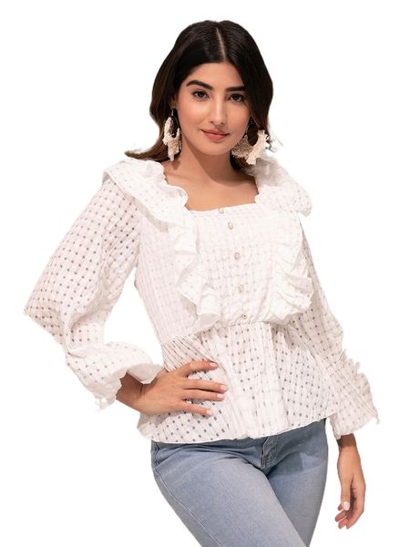 

modely ruffle trim lantern sleeve peplum blouse n2cn#, White