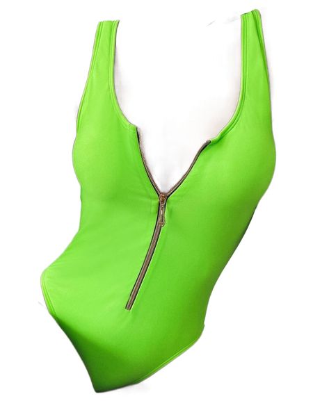 

neon lime zipper front one piece swimsuit p35b#, White;black