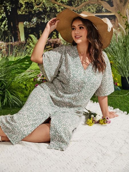 

plus ditsy floral butterfly sleeve single breasted dress z8y6#, Black