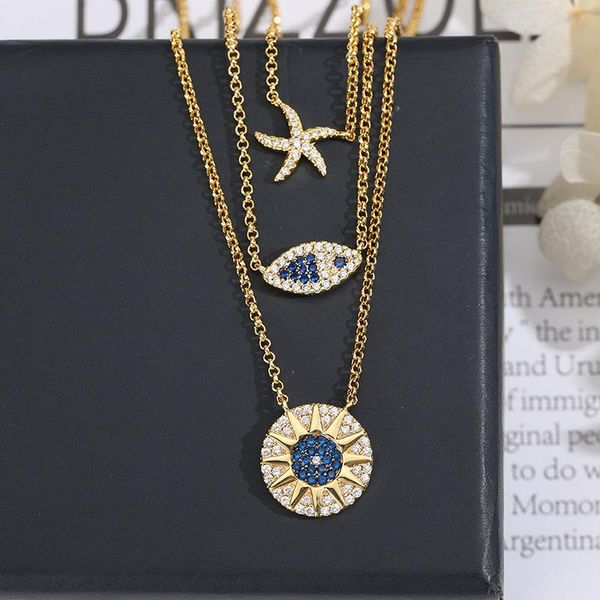 Collane con pendente Stile oceano tropicale Collana a tre strati Pesce Stella marina Lady Lucky Eye Round Holiday Summer Beach Jewelry Zk30Pendant