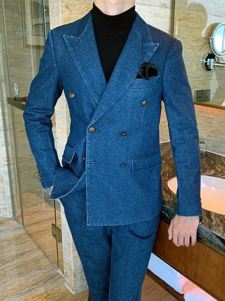 Erkekler Suits Blazers Moda Erkekler Kişiye Kişisel Yapılmış 2 Parça Denim Blazer Pantolon Çifte Kesilmiş İş Giyim Formal İş Nedensel Günlük Parti