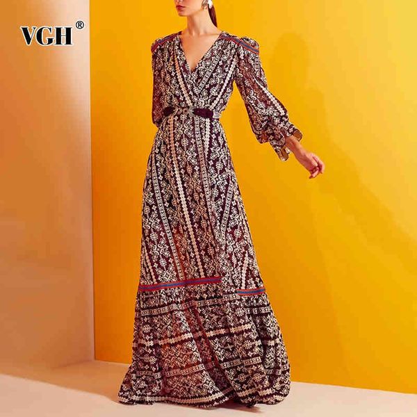 

vintage print sashes slim dress for women v neck lantern long sleeve high waist maxi dresses female spring fashion 210507, Black;gray