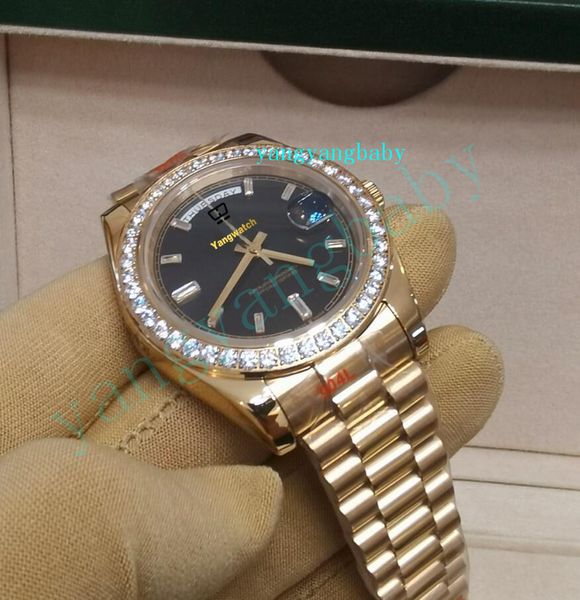 

original box watch day-date 40 mm yellow gold diamond bezel black diamond dial 228348rbr men's automatic, Slivery;brown