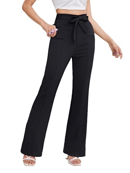 

belted flare leg pants t7dt#, Black;white