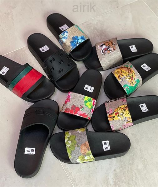 

men rubber slides slippers designer flip flops women sandal tiger floral brocade flat slipper striped bee original sandals summer beach luxu, Black