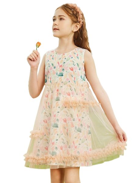 

girls floral print mesh overlay frill trim dress i4eb#, Black;white