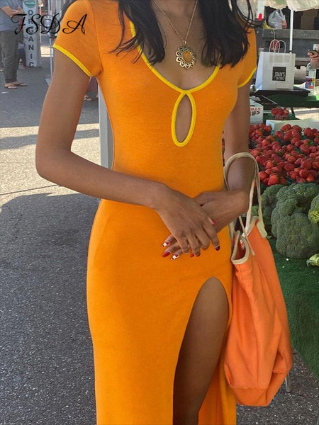 

summer split hollow out midi dress bodycon short sleeve club patchwork y2k orange women dresses party, Black;gray