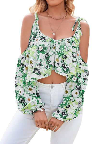 

floral print cold shoulder crop blouse p07z#, White