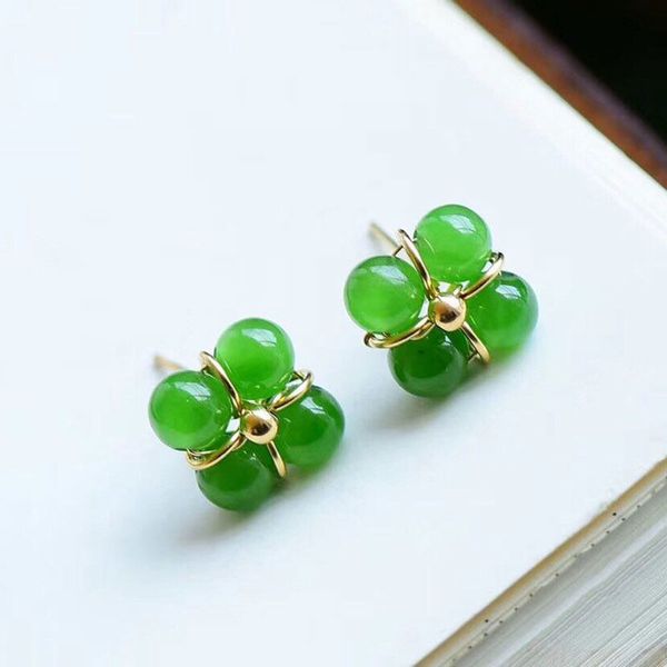 

silver inlaid natural hetian jade jasper clover small round bead earrings chinese elegant women's brand jewelry, Golden