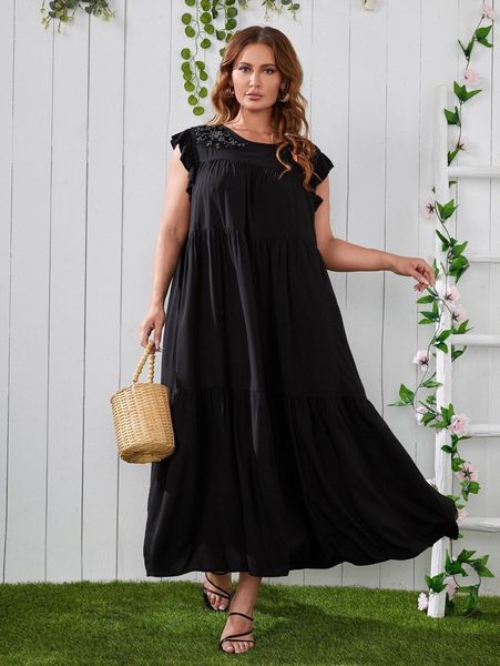 

plus appliques front smock dress j40n#, Black