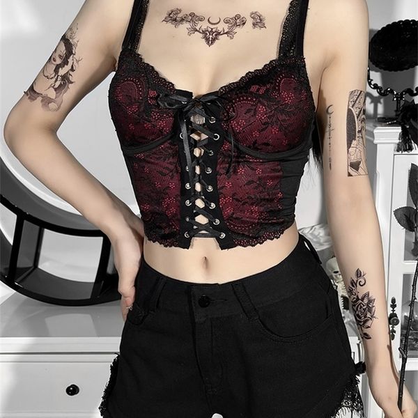 Insdoit Gothic Vintage Кружева Черные Camis Женщины Женщины Пинты Без Рукавов Летний Урожай Верхний Бездом Сексуальная Сексуальная Узкая Эстетика Camisole 220316