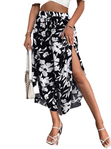 

floral print slit thigh tie front wide leg pants 49gd#, Black;white