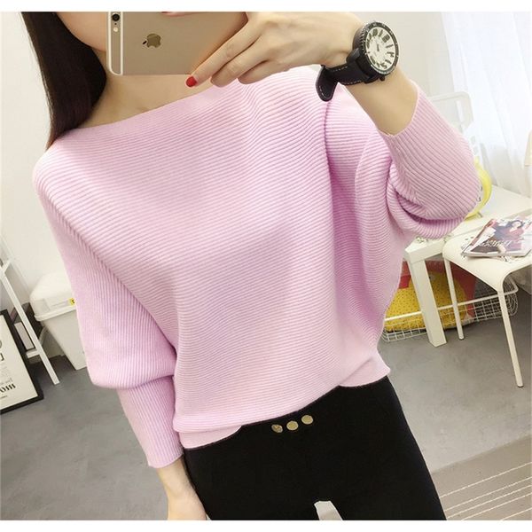 

autumn and winter new women sweaters bats shirt slash neck short paragraph plus size female knit pullovers lj201126, White;black