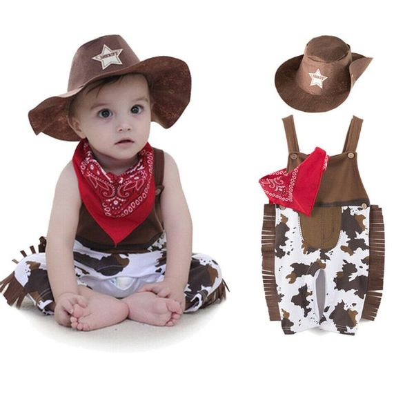 Одежда наборы 3pcs детские малыши мальчики девочка девочка карнавальная одежда, рожденная детская ковбойская боди шарф шляпа костюм костюм 0-18mclothing