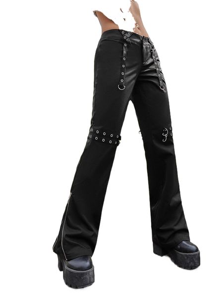

ring and grommet detail zipper hem pants without belt l4ik#, Black;white