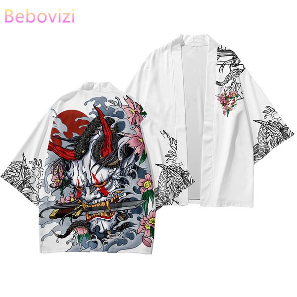 

fashion demon print white yukata women harajuku traditional asian clothing japanese cardigan kimono men cosplay haori pants, Red