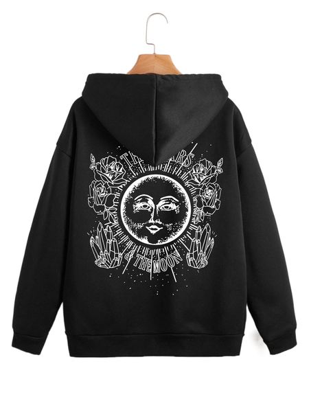 

abstract sun and letter graphic zip up drawstring thermal hoodie v1h1#, Black