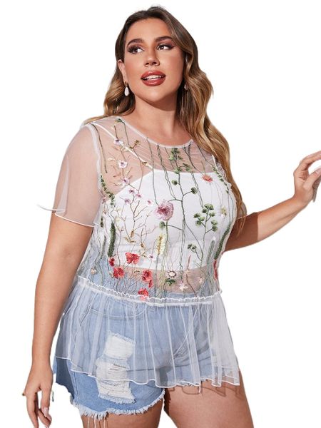 

plus floral embroidery ruffle hem mesh without camisole d167#, Black