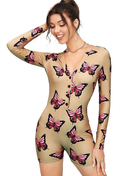 

x madujune butterfly print half button unitard romper q3s9#, Black;white