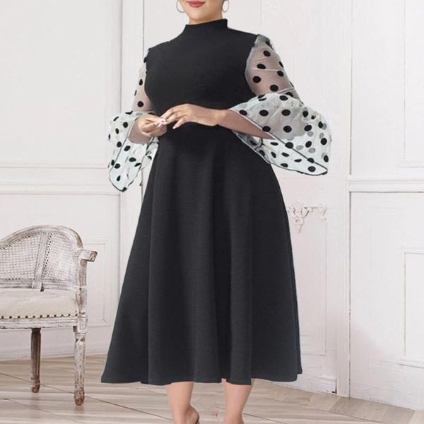 Artı Boyutu Elbiseler Flare Kol Kadınlar Elbise Zarif Polka Dot Organze A-Line Ofis Kadın Vintage Mandarin Yaka Sonbahar Robe