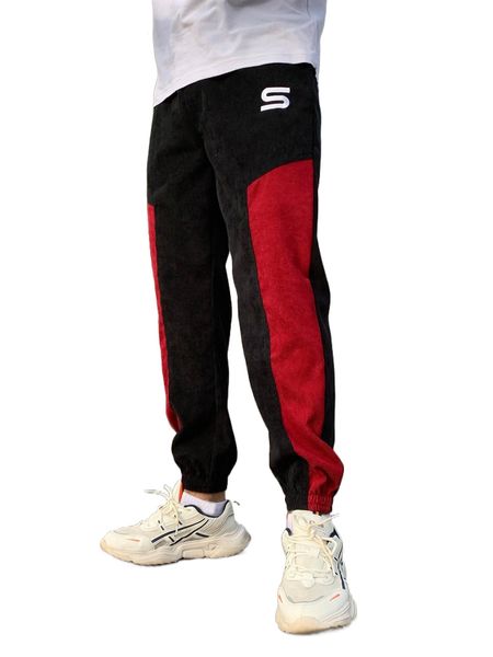 

men letter embroidery contrast side seam corduroy pants b6pd#, Black