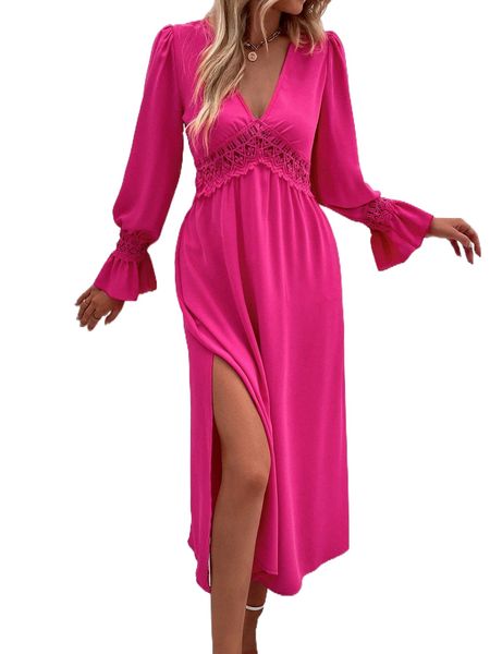 

guipure lace insert flounce sleeve split thigh dress a1yf#, Black;gray