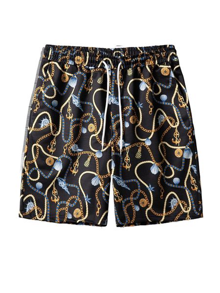 

men random chain print drawstring waist shorts 9214#, White;black