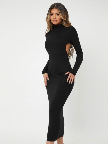 

sxy mock neck backless bodycon dress 74eu#, Black;gray