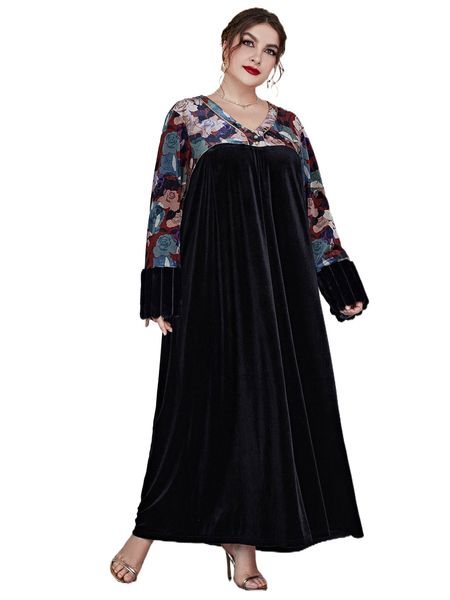 

plus v neck floral print maxi velvet dress 606f#, Black