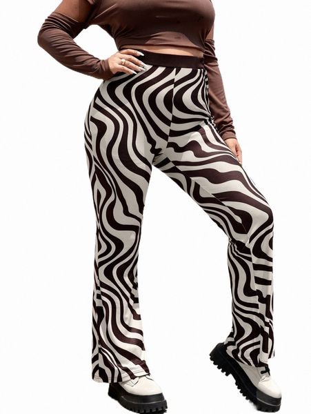 

plus graphic print flare leg pants q6mt#, Black