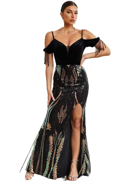 

contrast mesh cold shoulder sequin beaded split thigh mermaid formal dress z6bv#, Black;gray