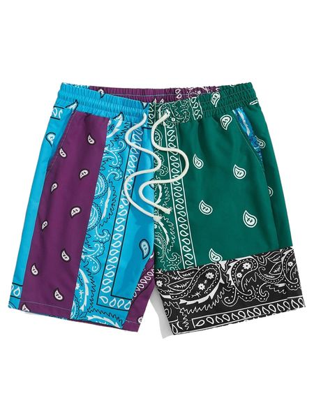 

men paisley print colorblock drawstring waist shorts n49h#, White;black