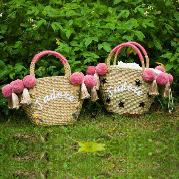 Kadınlar için plaj çantası sevimli el yapımı saman çantalar porsel pom yaz tatili çanta çizmek sepet çantası seyahat tote 220616