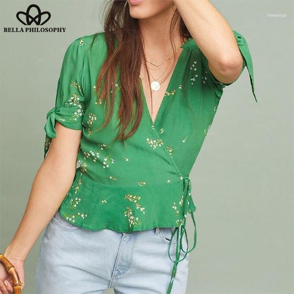 Blusas femininas Camisas 2022 Verão Manga Curta Solta Blusa Impressão Vintage Floral Feminino Boho Sexy V-Pescoço Lady Lace-Up Tops Wonder Store