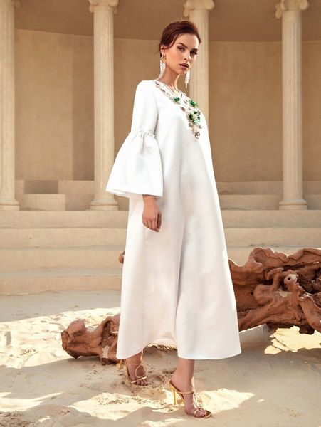 

pearls beaded appliques flounce sleeve dress 093w#, Black;gray