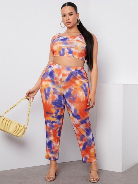 

plus tie dye crop tank & pants h6lm#, Black