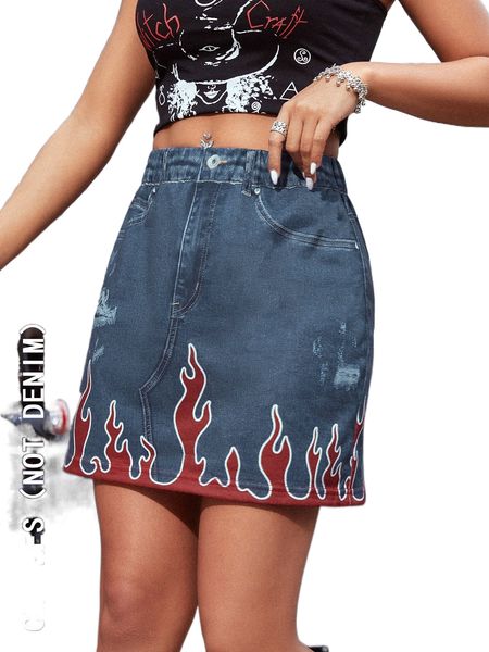

ripped & fire print chambray skirt y5wu#, Black