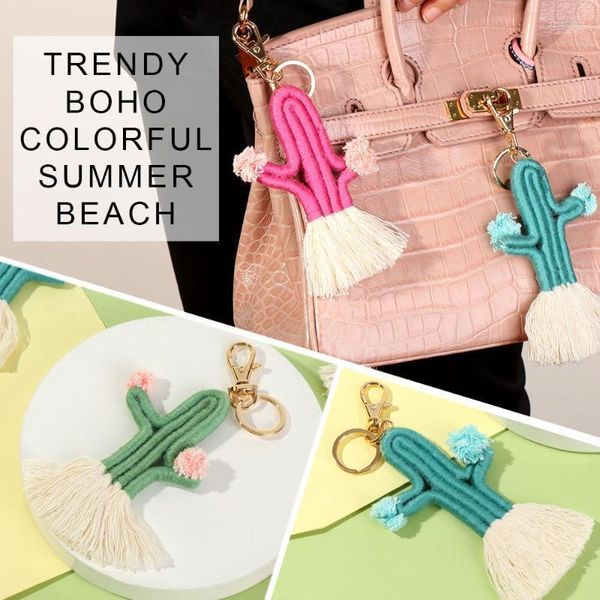 Chaveiros coloridos corda de algodão de praia feminino boho pendente de bolsa feita a mão bohemia cactus cadeia de chaves keyling1 smal22