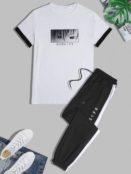 

men japanese letter & figure graphic tee & drawstring waist sweatpants y1mb#, Gray