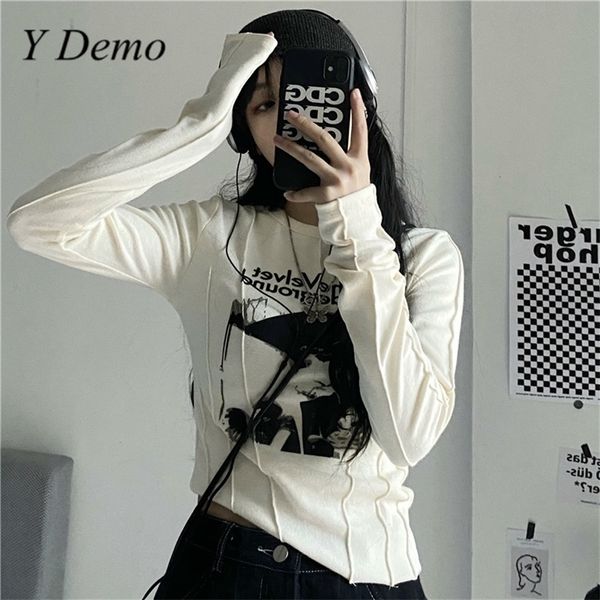 

y demo casual slim t-shirt for women o neck long sleeve grunge letters print female fashion clothing 220328, White