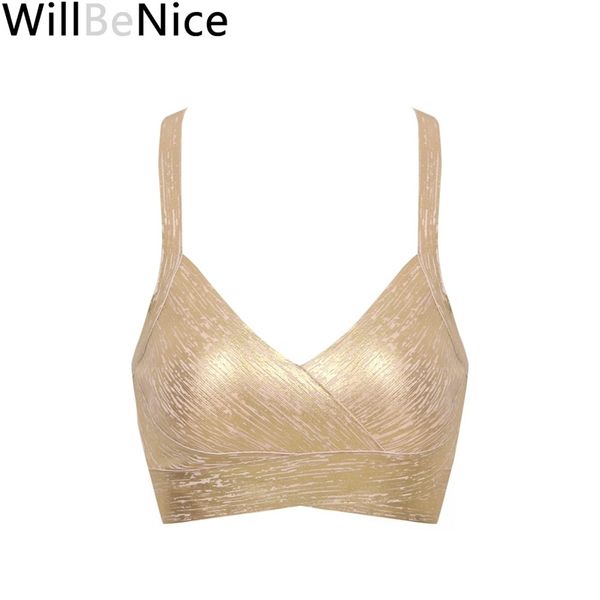 WillBeNice Oro Argento Foil Stampa Scollo a V Camis Corto Sexy Lady Crop Fasciatura lavorata a maglia Top Cinghie incrociate Fasciatura Top Club Vest 220331