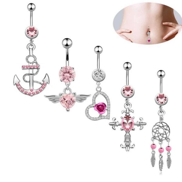 

crystal bell button rings for women girls 316l surgical steel cross heart barbell navel ring fashion body piercing jewelry, Silver